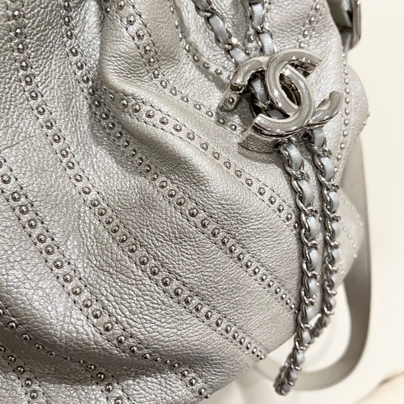 Chanel drawstring Metallic Calfskin Studded Chevron Quilted Crossbody - Picture 6 of 13